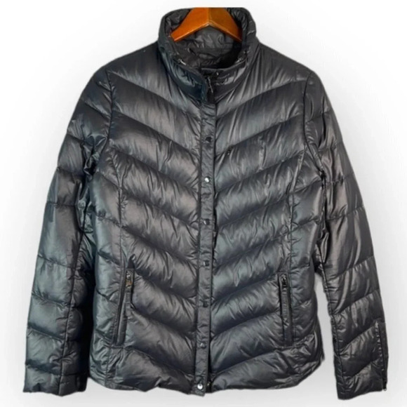 GAP Black Down Fill Puffer Jacket Nylon Lightweight Zip Snap Pockets Granola M - Picture 2 of 15